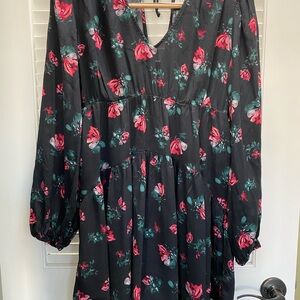 A New Day Black Floral Mini Dress M Tiered Long Sleeve Cottagecore Whimsigoth